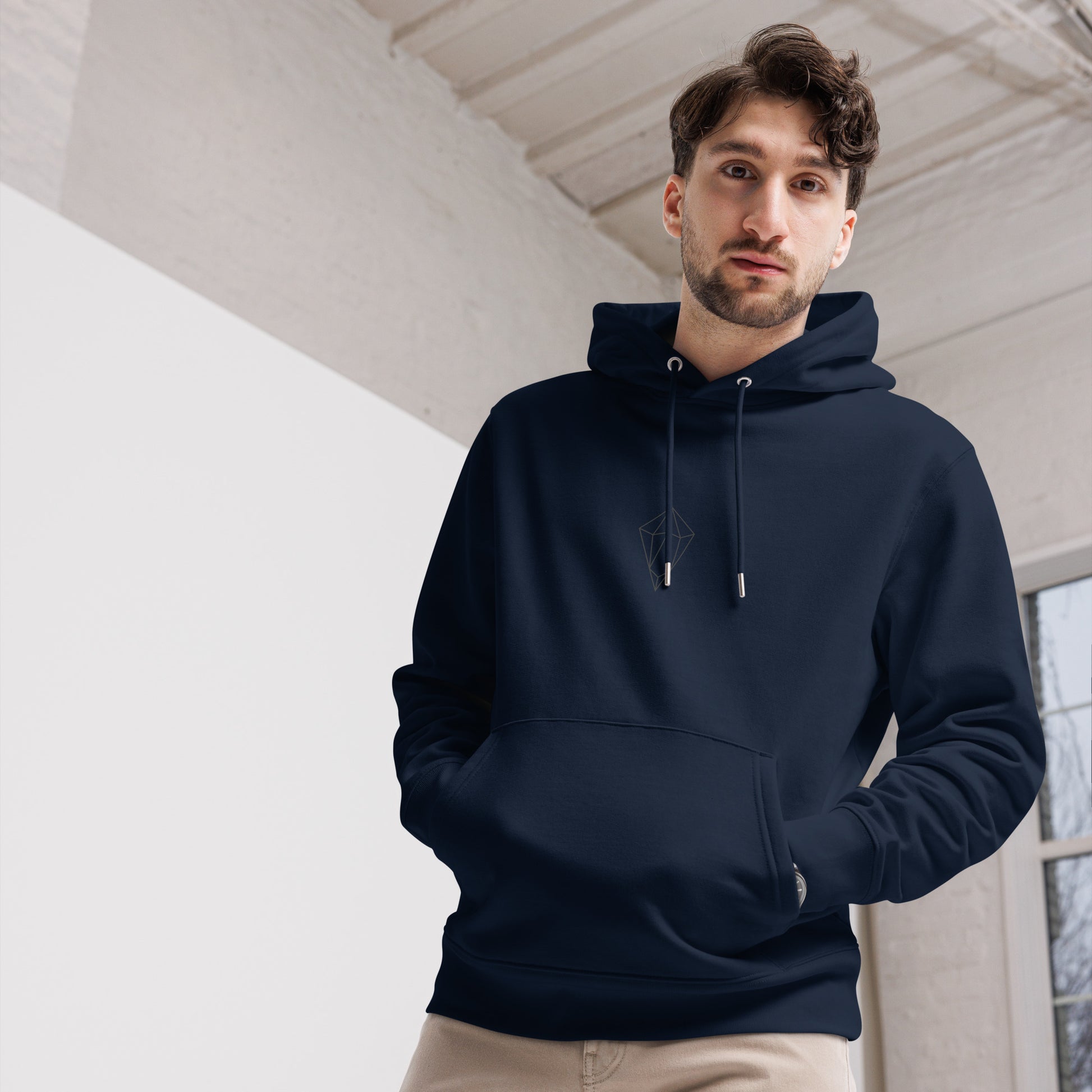 Archē Clothing Company Organic Eco-Friendly Geometric Diamond Logo Hoodie Mens Womens White Model Front Male